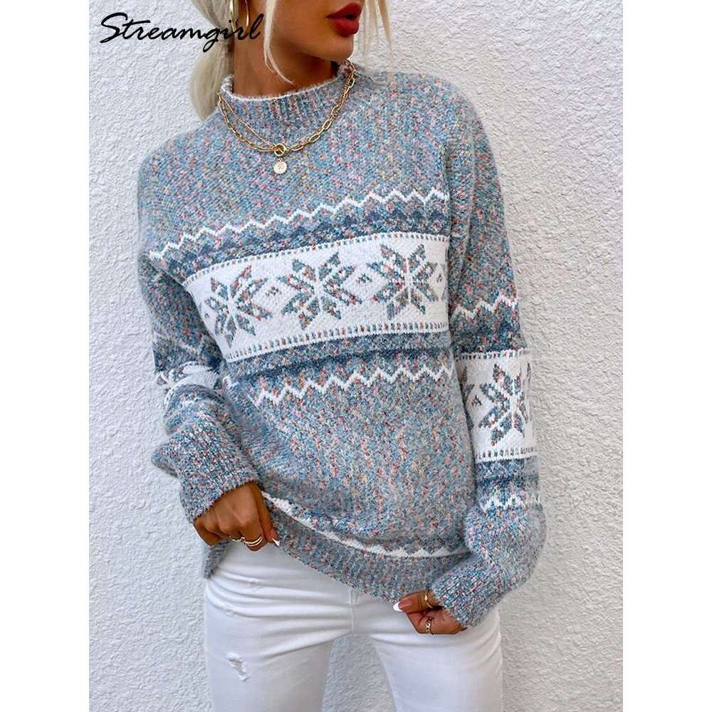 Streamgirl Thick Chenille Christmas 2023 Winter Half-High Collar Knit Pullovers Soft Warm Snow Sweaters For Women