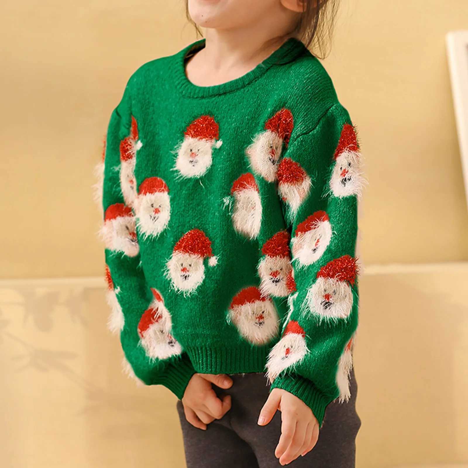 Childrens Christmas Knitted Sweater Cute Santa Claus Head Pattern Crewneck Pullover Sweater Childrens Winter Warm Wool Jumper Coat W241025