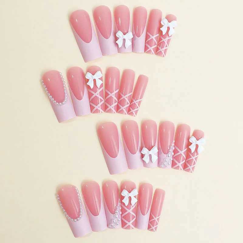 10pcs French Handmade False Nails Bow Pearl Bandage Entanglement Press on Nail For Women and Girls Removable Nail stickersXJ241025