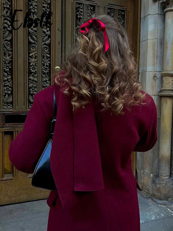 Wine red wool coat with scarf elegant womens full sleeves double chest long coat womens streetwear for autumn and winter 241024