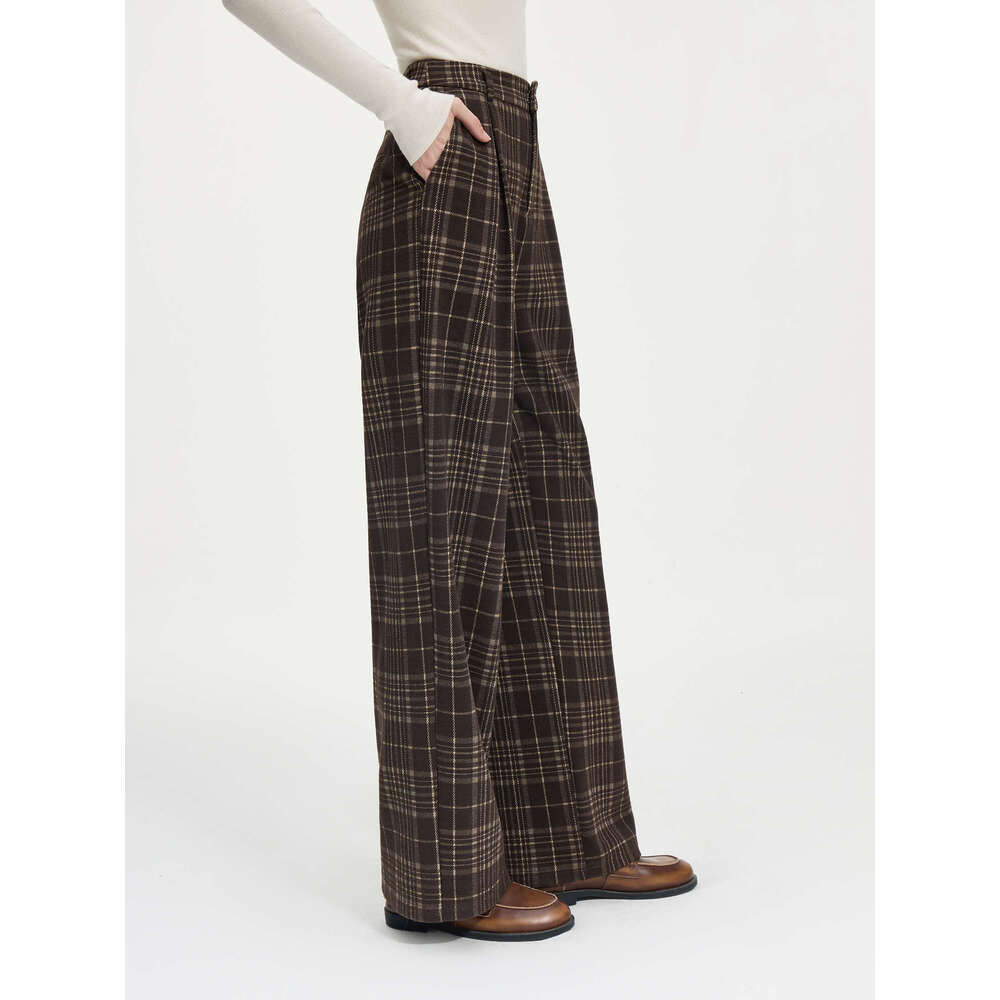 FSLE Office Lady American Retro Plaid Casual For Women Brown 2024 Autumn Winter New Straight Leg Pants 24Fs14560