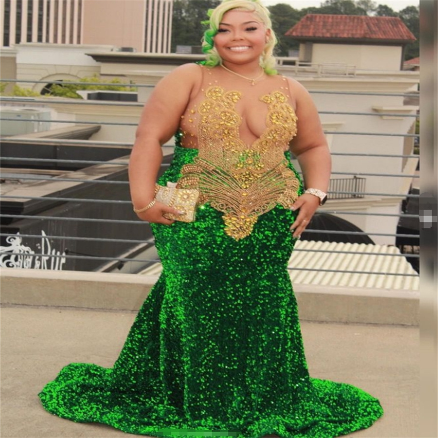 Large Size Green And Gold Prom Dresses 2025 Luxury Full Sequin Beaded Crystal Mermaid Evening Dress South African Formal Party Vestios De Fiesta Birth