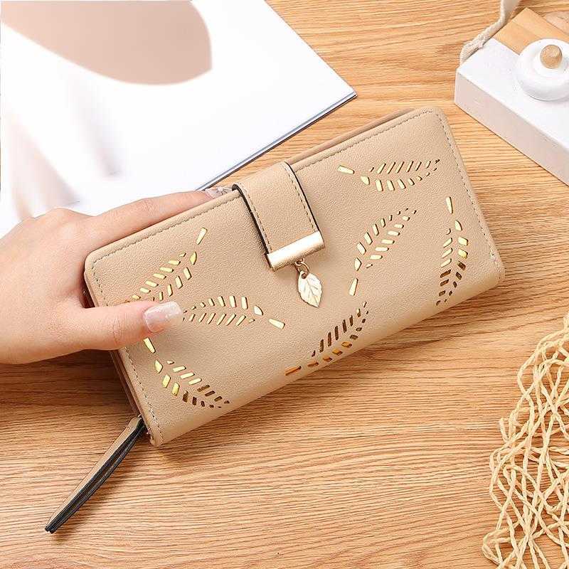 CMM New Womens Wallet Hollowed Out Leaf Wallet Korean Version Two Fold Zipper Long Card Bag Hand Held Bag