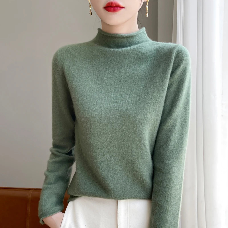 100% Wool Knitted Sweater Women Half High Collar Long Sleeve Tops Autumn Winter Korean Fashion Casual Loose Warm Female Pullover 241021