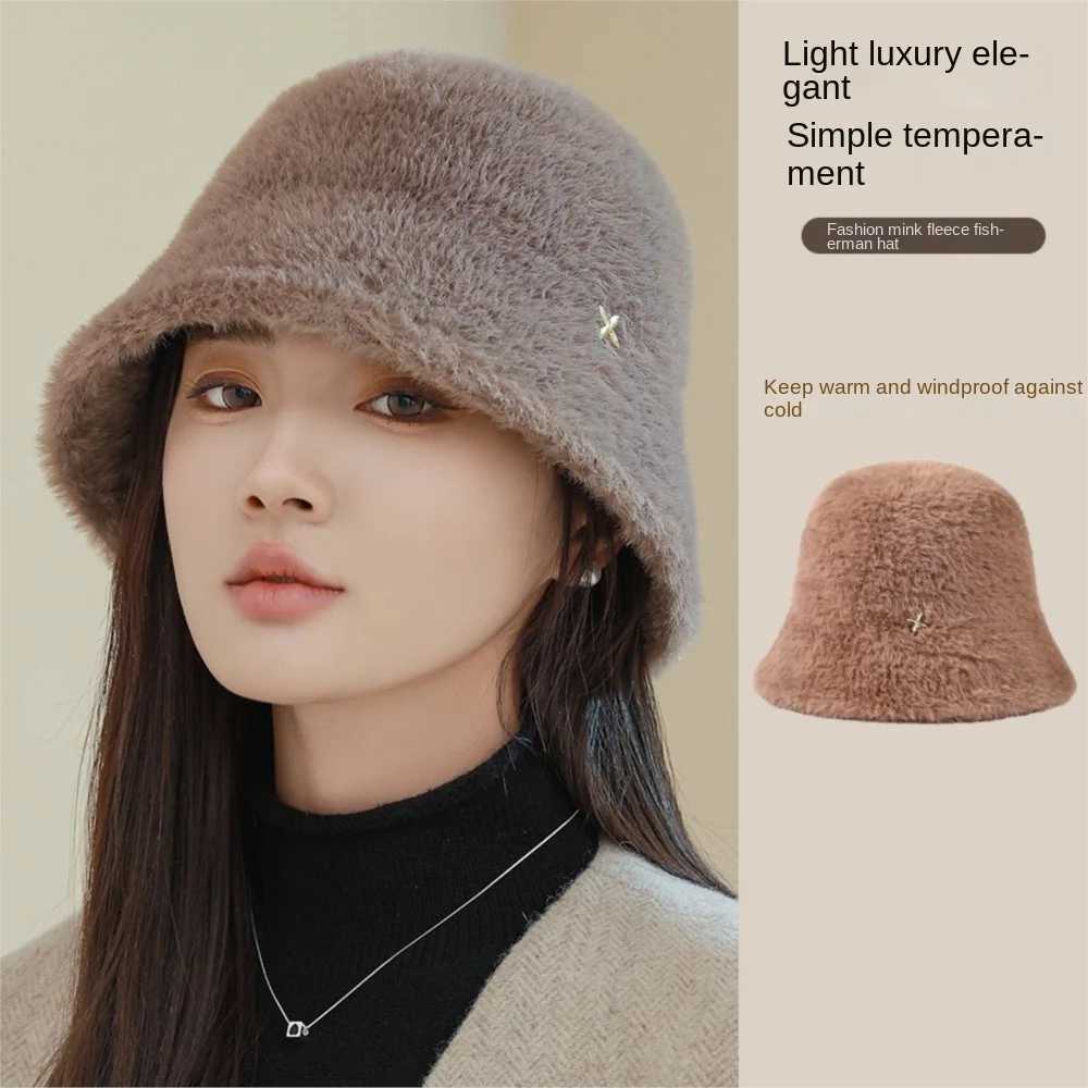 Hats Premium Exquisite Four Pointed Star Mink Velvet Bucket Cap Autumn Winter New Elegant Versatile Warm Fisherman HatsX241025