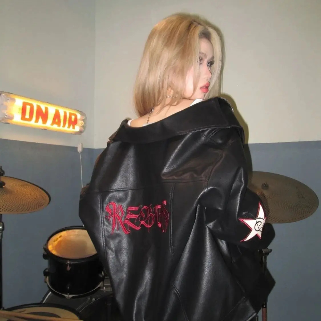 Vintage American letter embroidered motorcycle leather jacket autumn and winter clothes loose couples jacket 241024