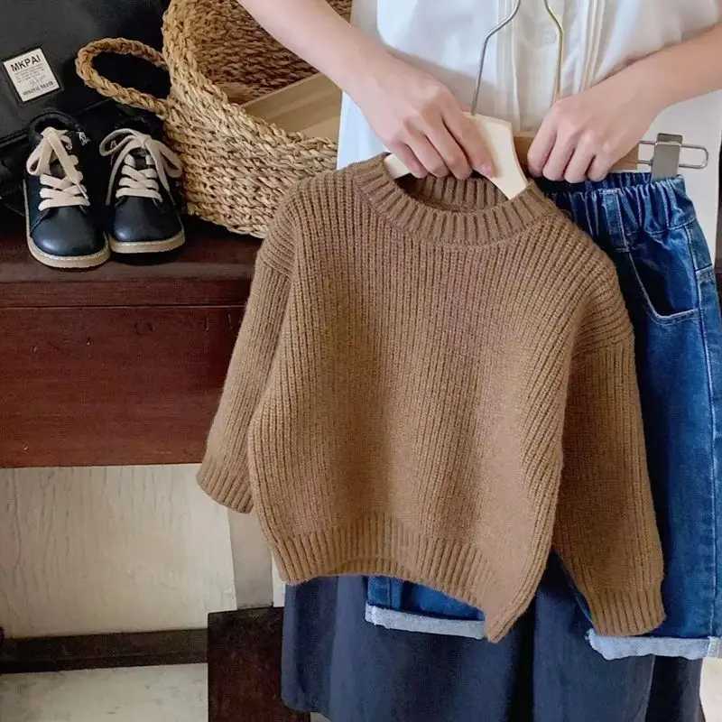 Korean style childrens sweater knitted and pulled 2024 autumn and winter new half round neck boys sweater 2-6Y girls bottom top W241025