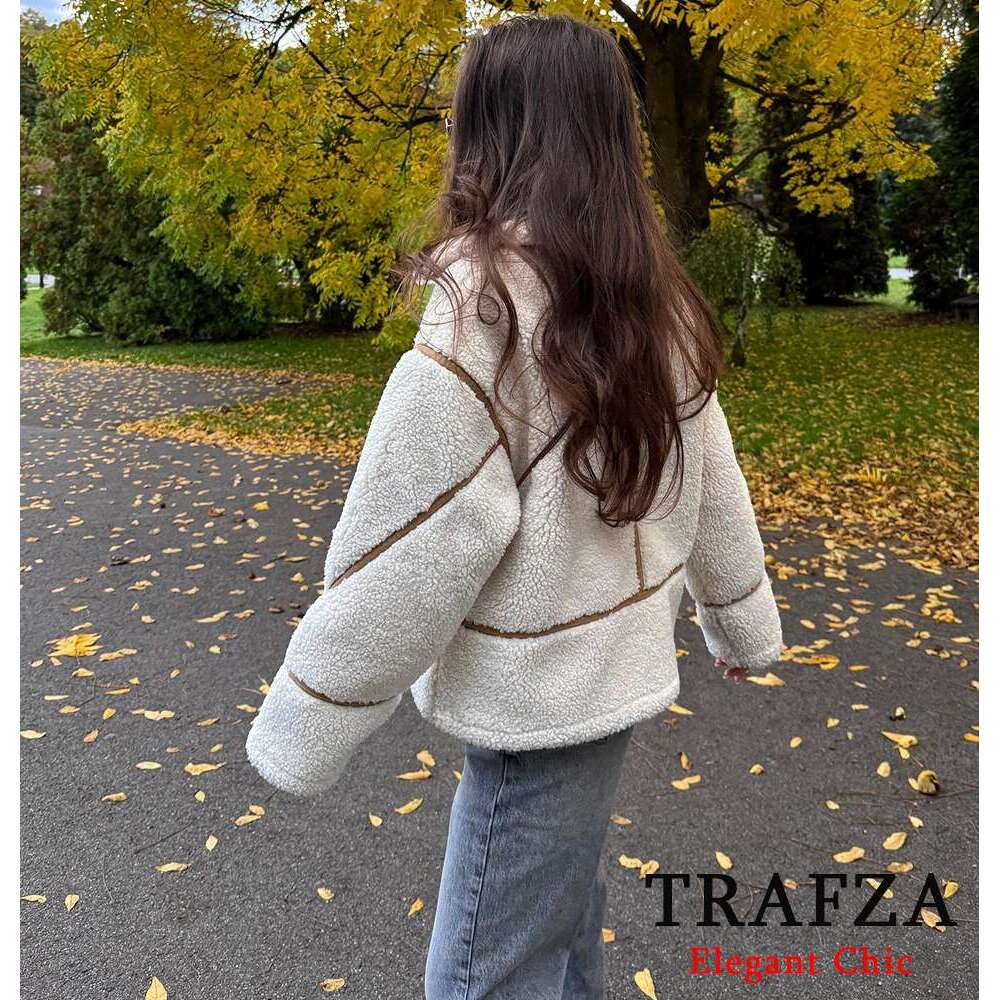 TRAFZA Women Fall Winter Jacket Lapel Contrasting Color Zipper Pocket New Fashion Casual Classic Fleece Coat