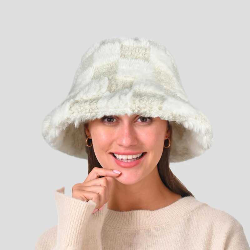 NEW-Checkered Bucket Hat Plush Adjustable Bucket Hat Furry Warm Fisherman Hat For Men Women For Winter SpringX241025