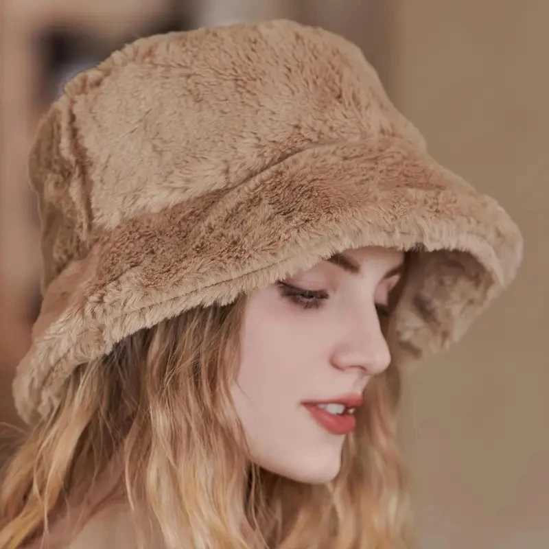 Soft Faux Rabbit Fur Bucket Hat Solid Thicken Autumn Winter Warm Plush Panama Casual Hats for Women Ladies Fisherman Caps BonnetX241025
