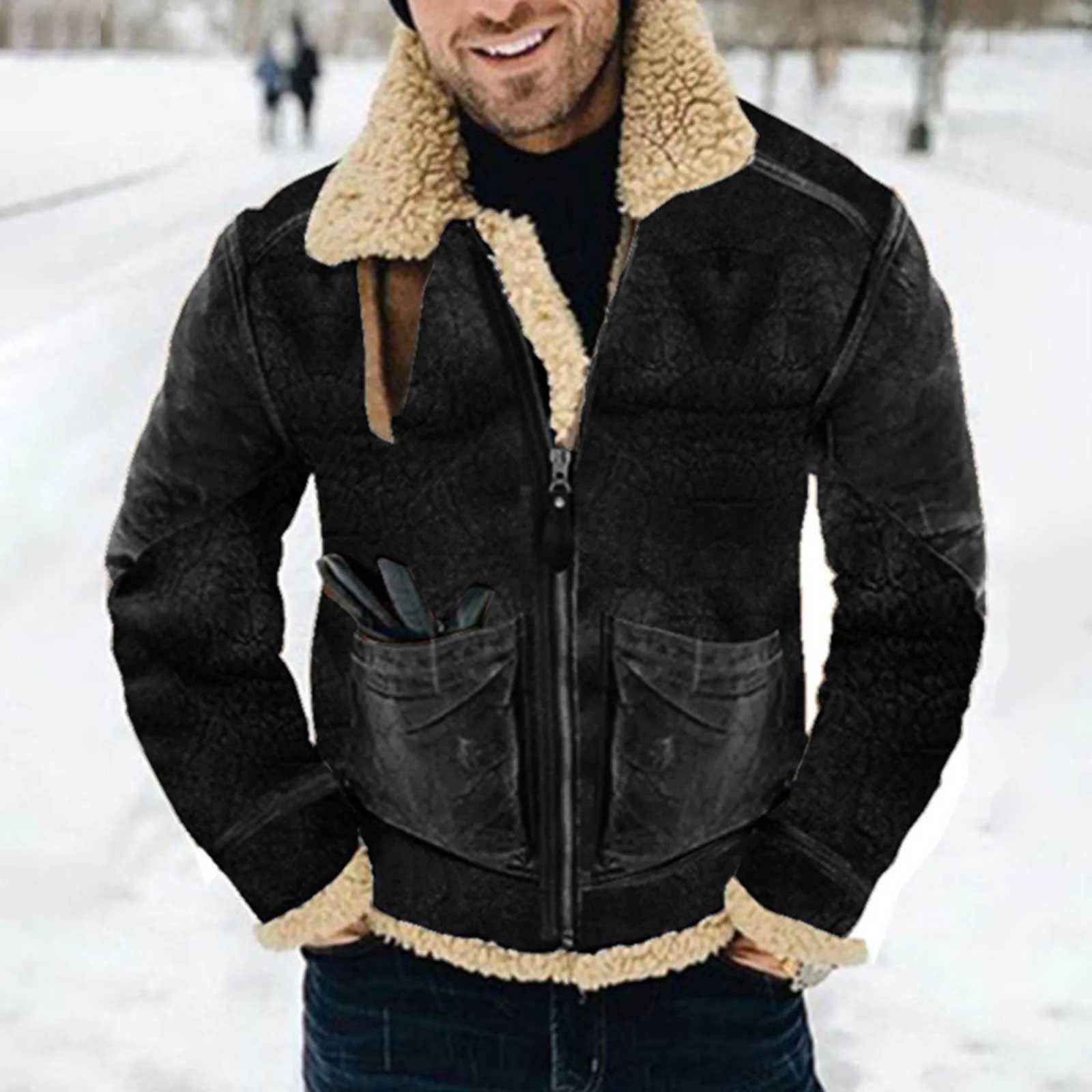 Mens thick suede jacket with warm lambswoo lining synthetic leather denim Gothic jacket bomber jacket winter hot coat new W241024