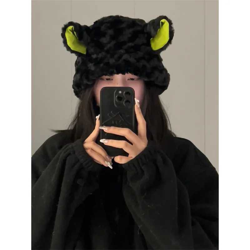 Girls Women Y2K Bucket Hat Cute Lambs Sheep Ear Wool Plush Panama Femae Faux Fur Soft Fisherman CapX241025