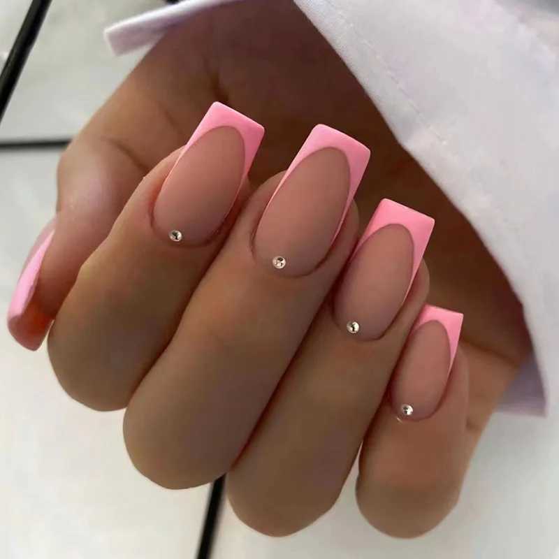 24pcs Simple French Rose Pink Rhinestone Frosted Sweet False Nails Set with Glue Artificial Cheap Fake Press on Nails for GirlsXJ241025