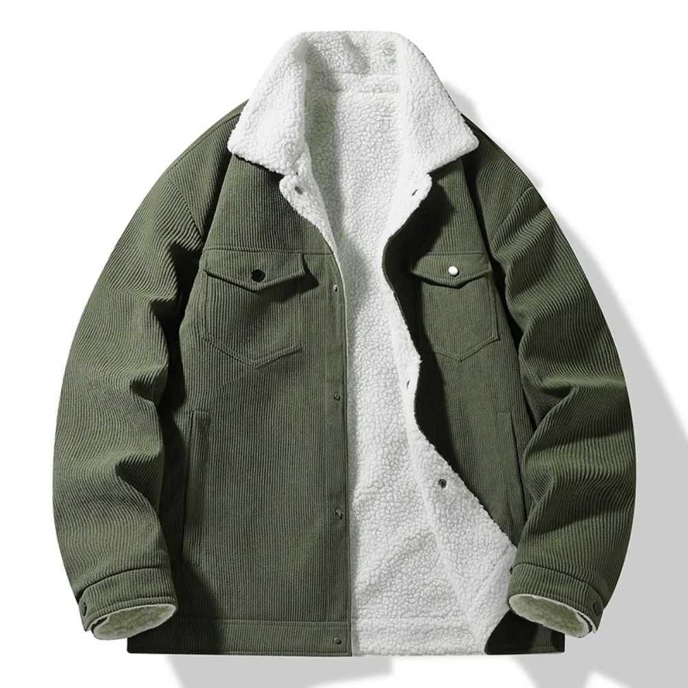 Winter wool lined Corduroy jacket mens high-quality thick Lambswool warm Parka solid color hiking jacket mens clothing W241024
