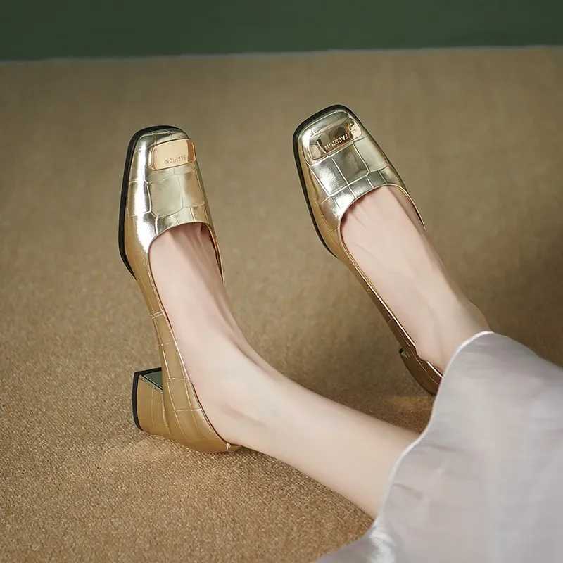 High Quality Autumn New Fi Shallow Mouth Square Head Metal Square Buckle Low Heel Sliding Block - Mary Jane Shoes T241024