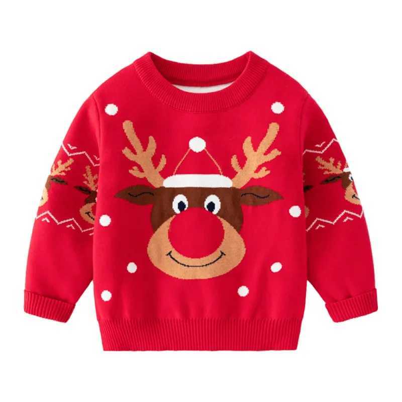 Winter Childrens Thick Sweater Boys and Girls Double Deer Jacquard Knitted Sweater Red Christmas Decorative Sweater W241025