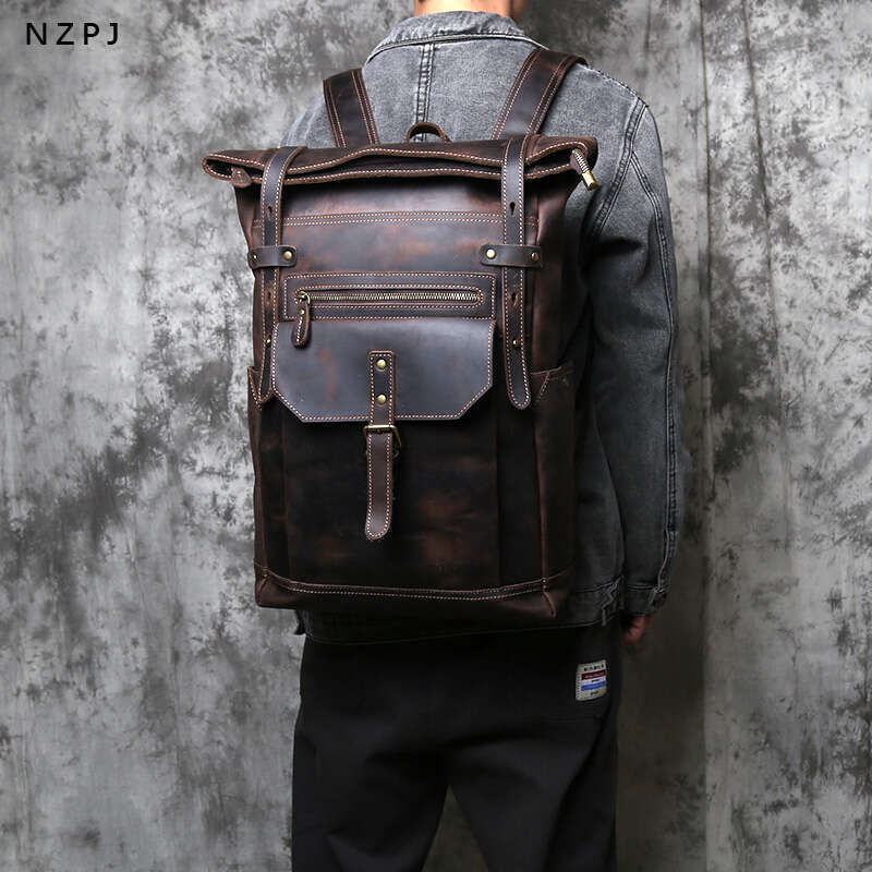 Vintage Genuine Men's Crazy Horse Leather Computer Natural Top Layer Cowhide Backpack Travel Bag