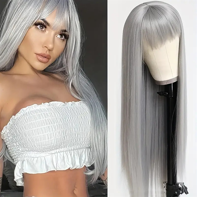 New wig for women with long gray hair, full headpiece, neat bangs and long straight hair
