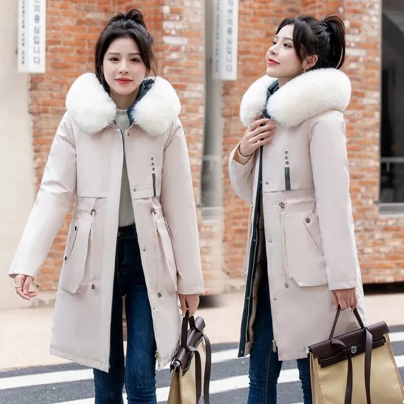 Womens Winter Coat Hooded Thick Artificial Fur Filled Parka Detachable Chiffon Puff Coats Female Black Snow Outerwear 241021