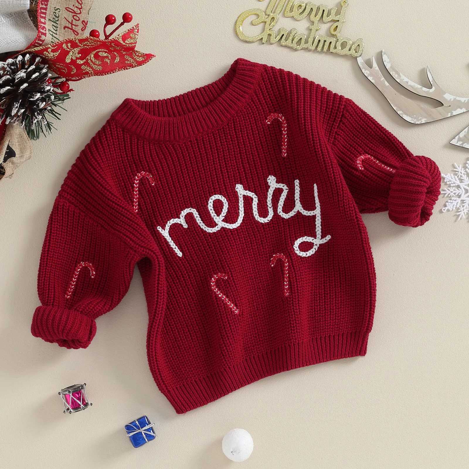 Merry Christmas children girls boys knitted sweaters long sleeves candy bars embroidery crochet latte art children Knitwear W241025
