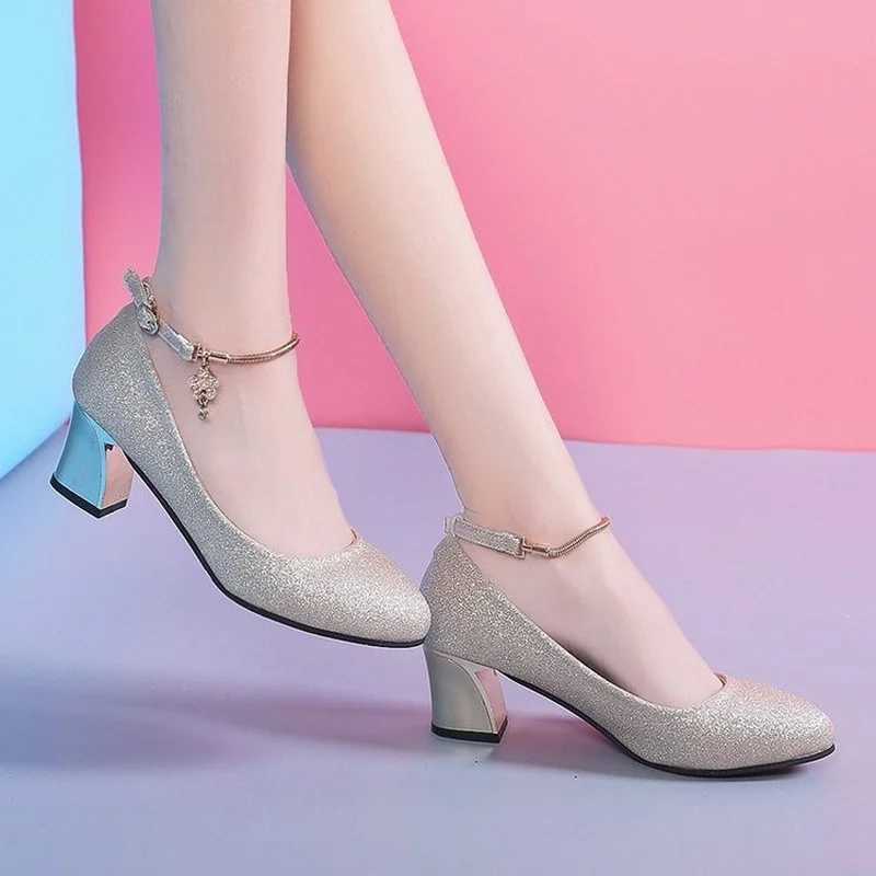 High Quality Womens Wedding High Heels Sier Blue Spring Ankle with Crystal Shallow Block High Heel Pump Women Plus Size T241024