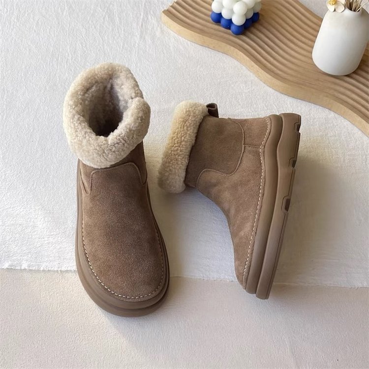 free shipping new designer suede snow boots women's winter soft leather and fleece booties 2024 new warm lambswool cotton shos