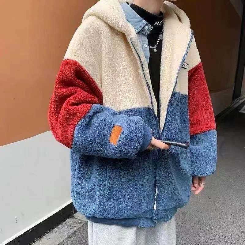 Y2K fashion Lambswool cotton padded jacket mens autumn and winter new hoodie lazy style Lambswool cotton padded jacket loose jacket W241024