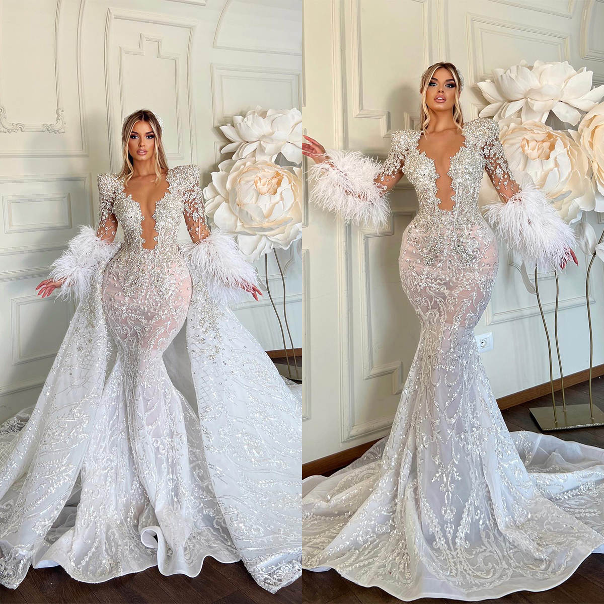Saudi Arabia Mermaid Wedding Dress Deep V Neck Crystal Beads Long Sleeve Bride Dress Formal Custom Made Lace Appliques Feather Bridal Gowns
