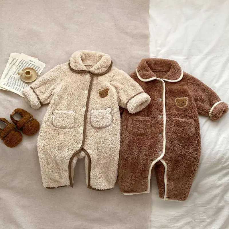 2024 Winter New Baby Long Sleeve Lapel Romper Newborn Cute Bear Pajamas Infant Boy Girl Plus Velvet Thick Warm Jumpsuit 0-24MXJ241025