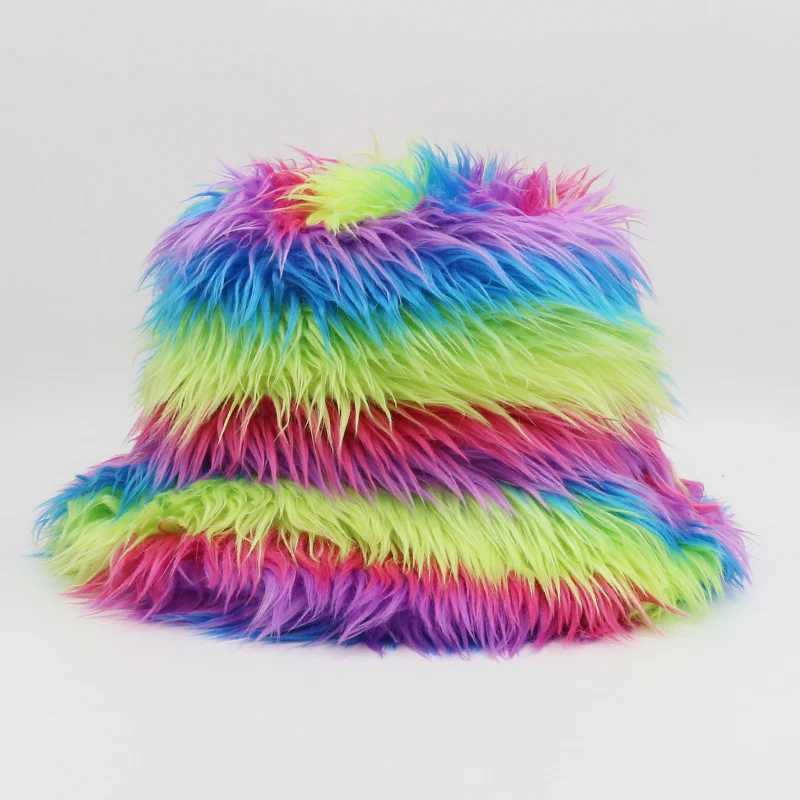 2022 Women Men Fashion Rainbow Faux Fur Bucket Hat Winter Thickened Soft Warm Fluffy Fishing Cap Outdoor Vacation Fisherman HatX241025