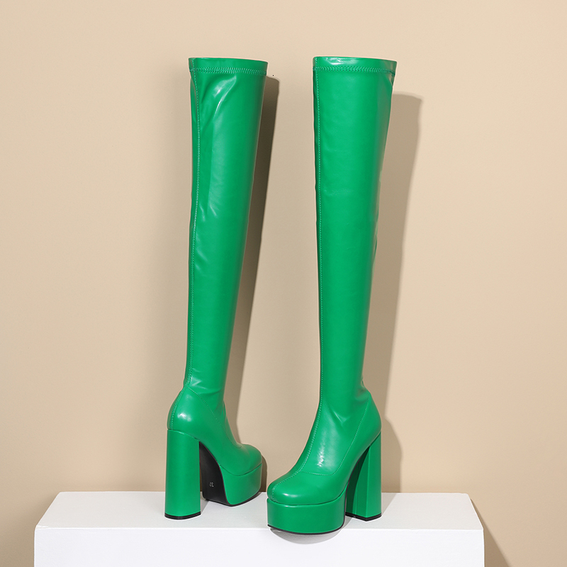 Square Head Platform Super Thick Heel High Quality Elastic Simple Side Zipper Slip On Women's Over The Knee Boots 241110