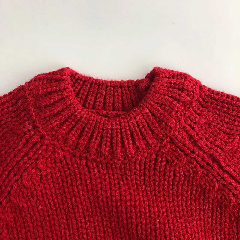 Baby Red Knitted Loose Sweater Childrens Boys and Girls New Years Top Childrens Thick Winter Knitted Soft Long Sleeve Baby Pulling Flower W241025