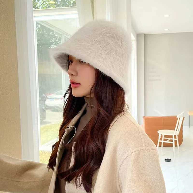 Autumn Winter New Rabbit Fur Bucker Hat for Women Rabbit Fur Korean Versatile Warmth Soft Fisherman Cap Japanese Plush Basin HatX241025
