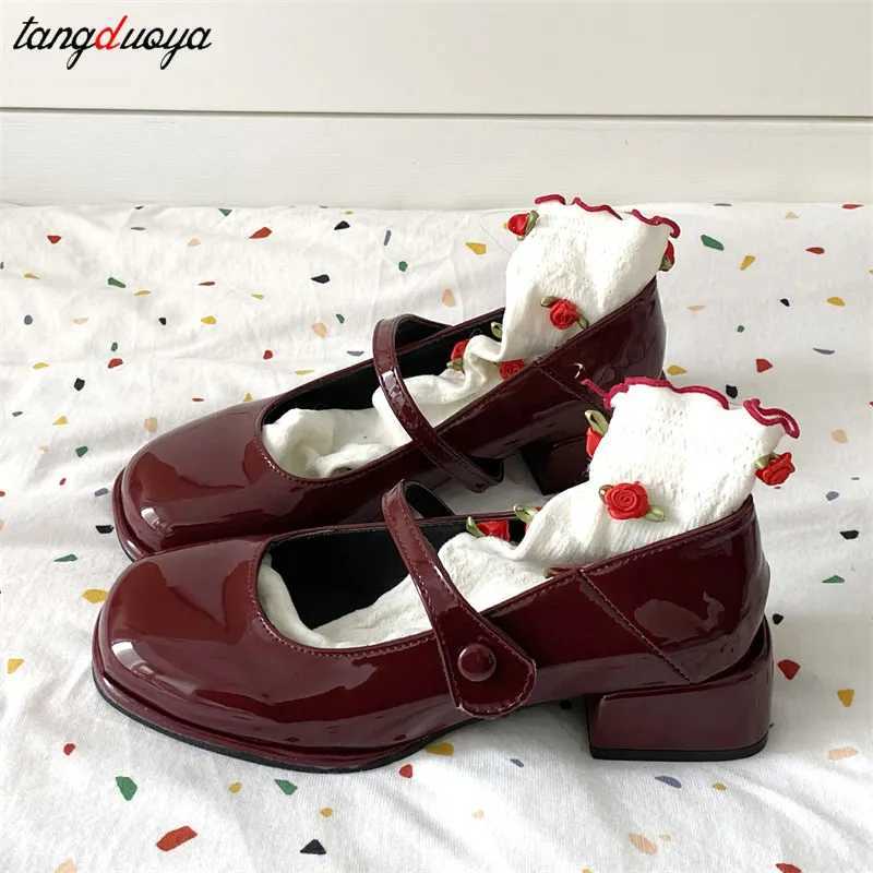 High Quality Red Mary Jane shoes womens thick high heels ankle buckles Lolita shoes female students French square shoes shallow single shoes T241024