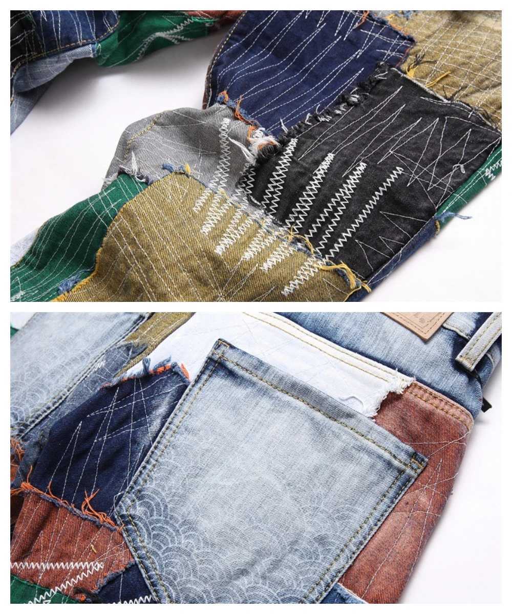 Men's Jeans Irregular Splicing Rainbow Jeans Mens Embroidered Denim Pants Lightning Thread Cat Beard Street Fashion Zipper Patch Q241024