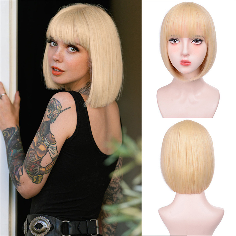 Wig for women black bangs short straight BOBO synthetic fiber wig full headpiece