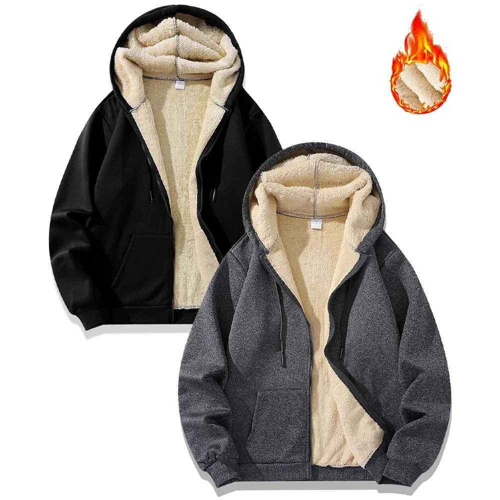 Winter warm zipper hooded sweatshirt Lambswool solid color sports casual jacket outerwear mens loose hot sweater W241024