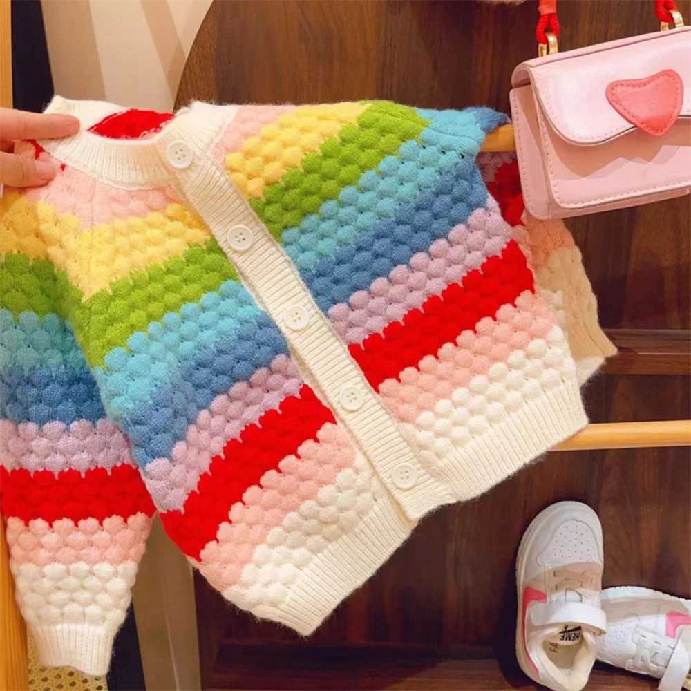 Rainbow striped knitted cardigan suitable for children girls autumn winter long sleeves single sweat jackets childrens clothing W241025