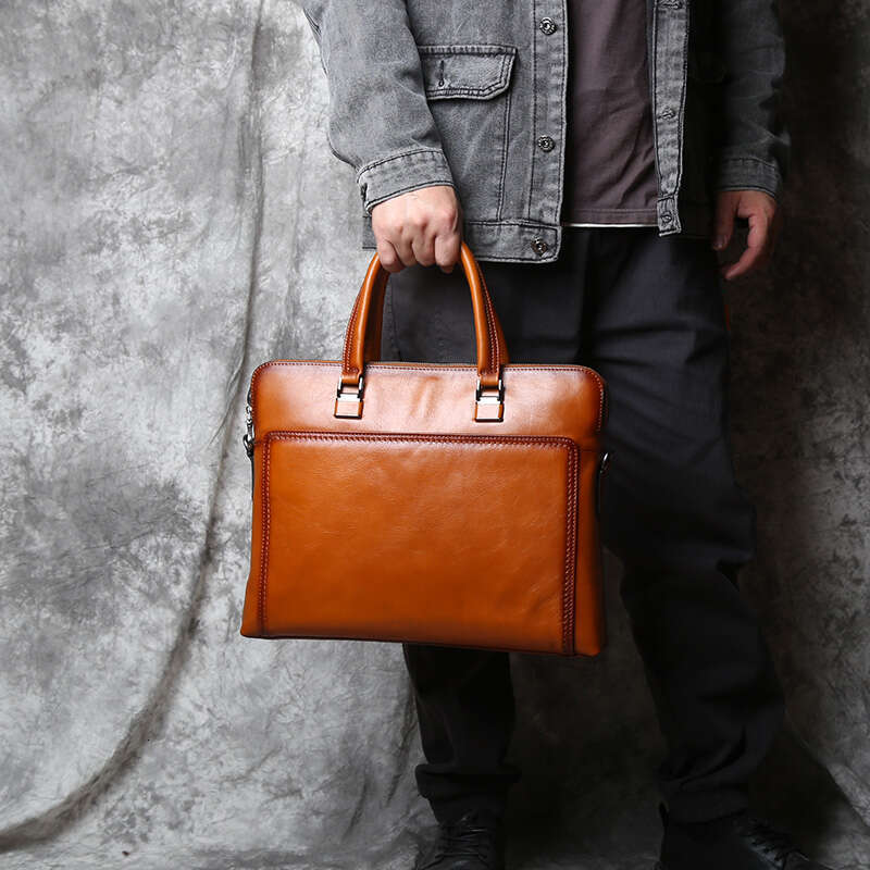 Vintage Genuine Leather Men's Briefcase Natural Cowhide Horizontal Handbag Business Crossbody Casual Computer Bag
