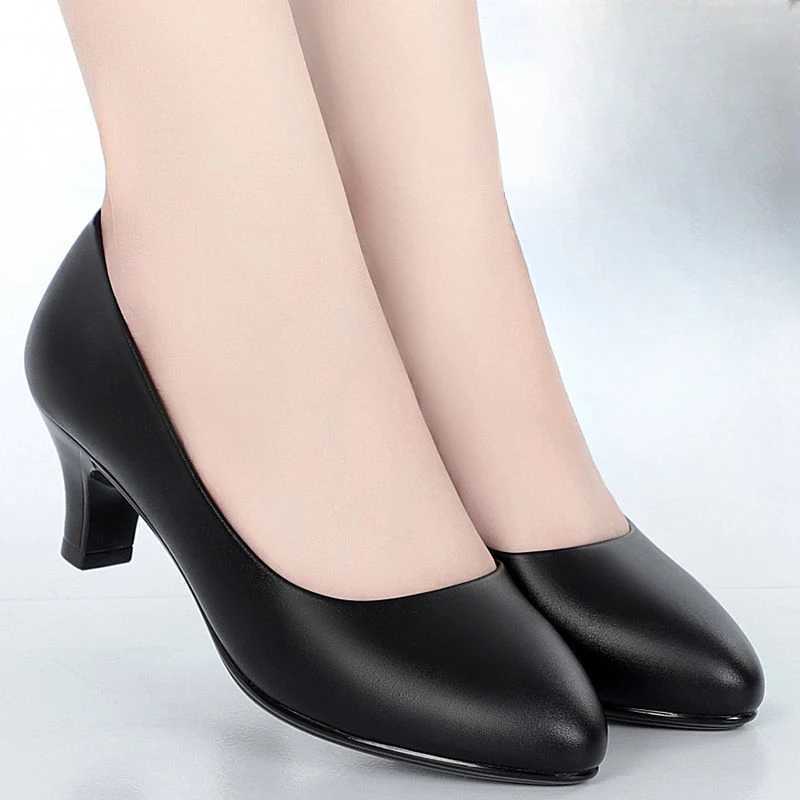 High Quality Thick heel work shoes black mid heel dress leather shoes flight attendant professional freight agent T241024