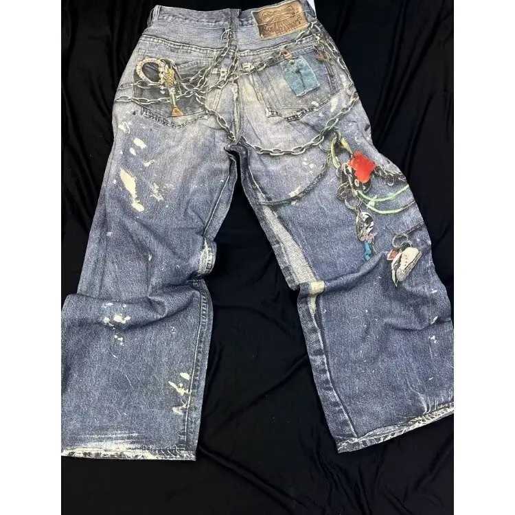 Men's Jeans Y2K Mens Retro Street Printing Digital Crop Printing Jeans Mens Loose Straight Personalized Fashion Mop Wide Legs Trousers Q241024