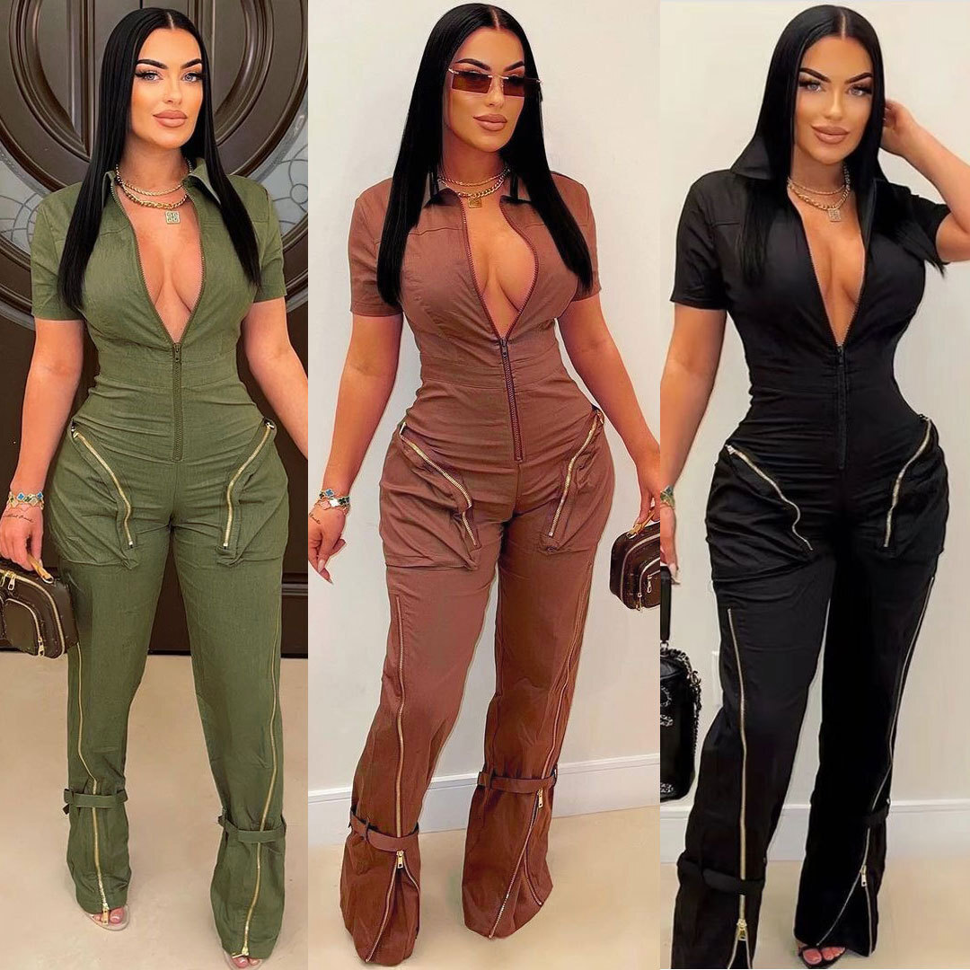 Casual Jumpsuits For Women Rompers Short Sleeve Zipper Pocket Jumpsuit Workwear Sexy Deep V-neck High Quality Bodysuit Onepiece Suit