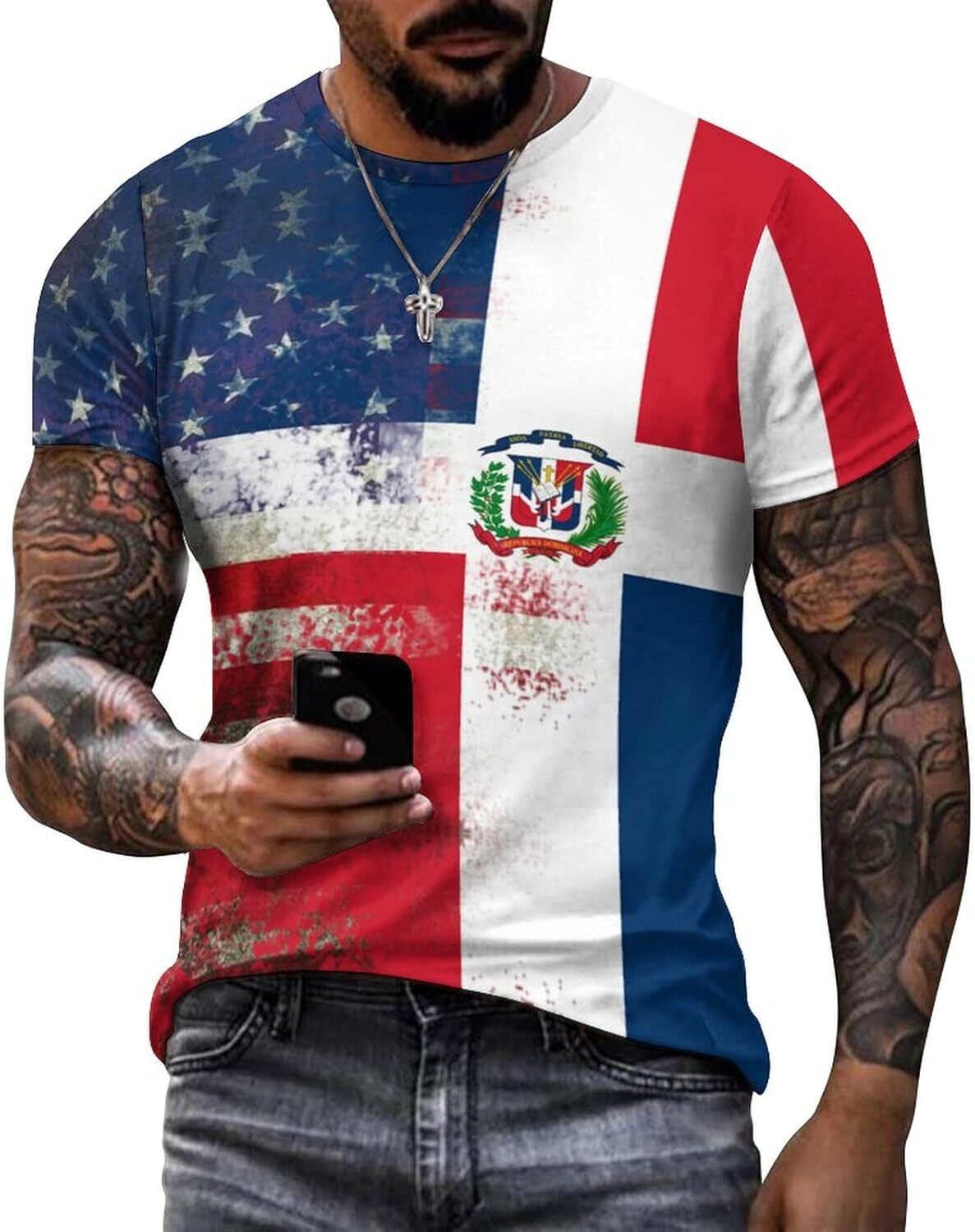 Mens T shirt Retro American Flag of The Dominican Republic Cotton T-Shirt 3D Printed Casual All-in-one fashion Shirt Men's Crew Neck T-Shirt tee 