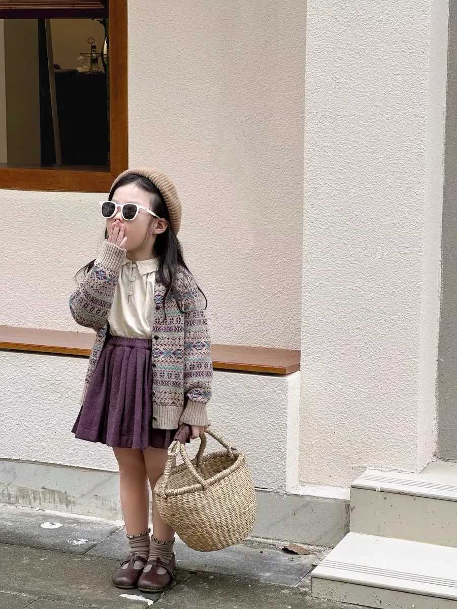 Sweater girl vintage wool cardigan pleated half skirt set baby autumn knitted half skirt 2024 W241025