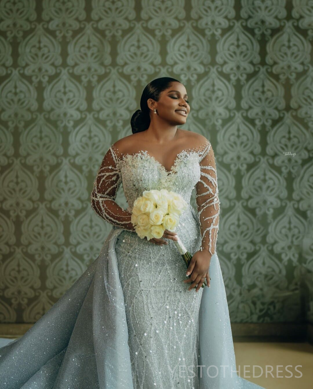 2024 Plus Size Aso Ebi Wedding Dress Bridal Gowns For Bride African Illusion Mermaid Long Sleeves Beaded Lace Luxurious Detachable Train Wedding Gowns