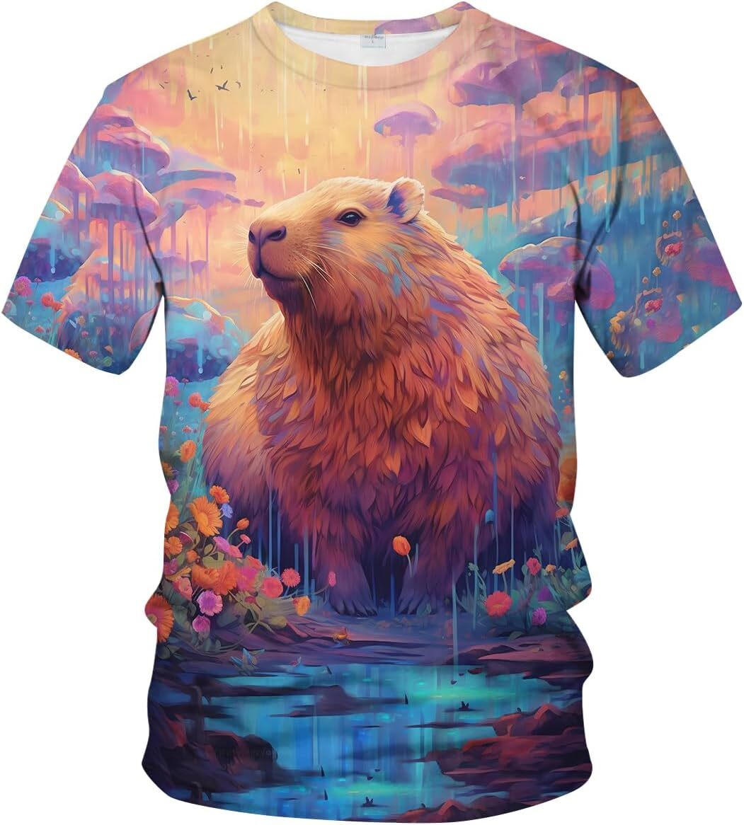 Mens T shirt Colorful 3D Capybara Cool Graphic Short Sleeve Casual Tropical Animal tee Casual tops summer clothes Hip hop trend