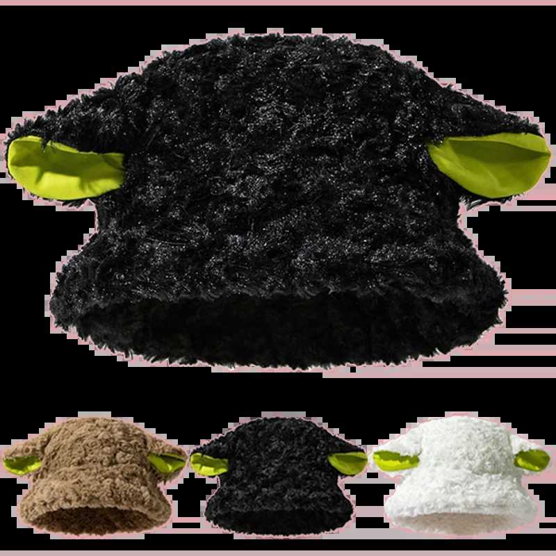 Girls Women Y2K Bucket Hat Cute Lambs Sheep Ear Wool Plush Panama Femae Faux Fur Soft Fisherman CapX241025