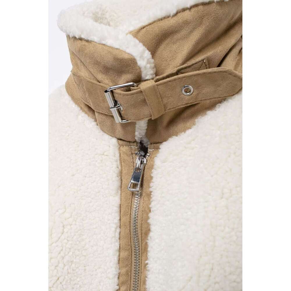 TRAFZA Women Fall Winter Jacket Lapel Contrasting Color Zipper Pocket New Fashion Casual Classic Fleece Coat