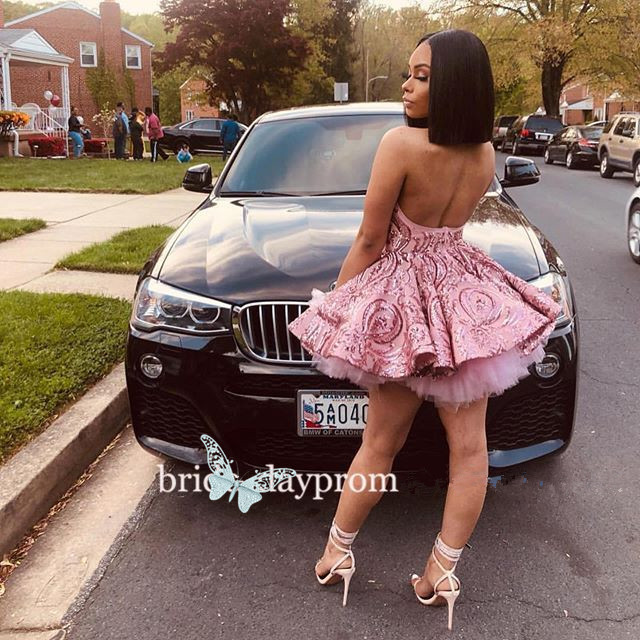 Sexy Rose Pink Tail Dresses Illusion Sequined Halter Sequins Lace Short Mini Backless Homecoming Party Dress Prom Gowns For Women 6660312