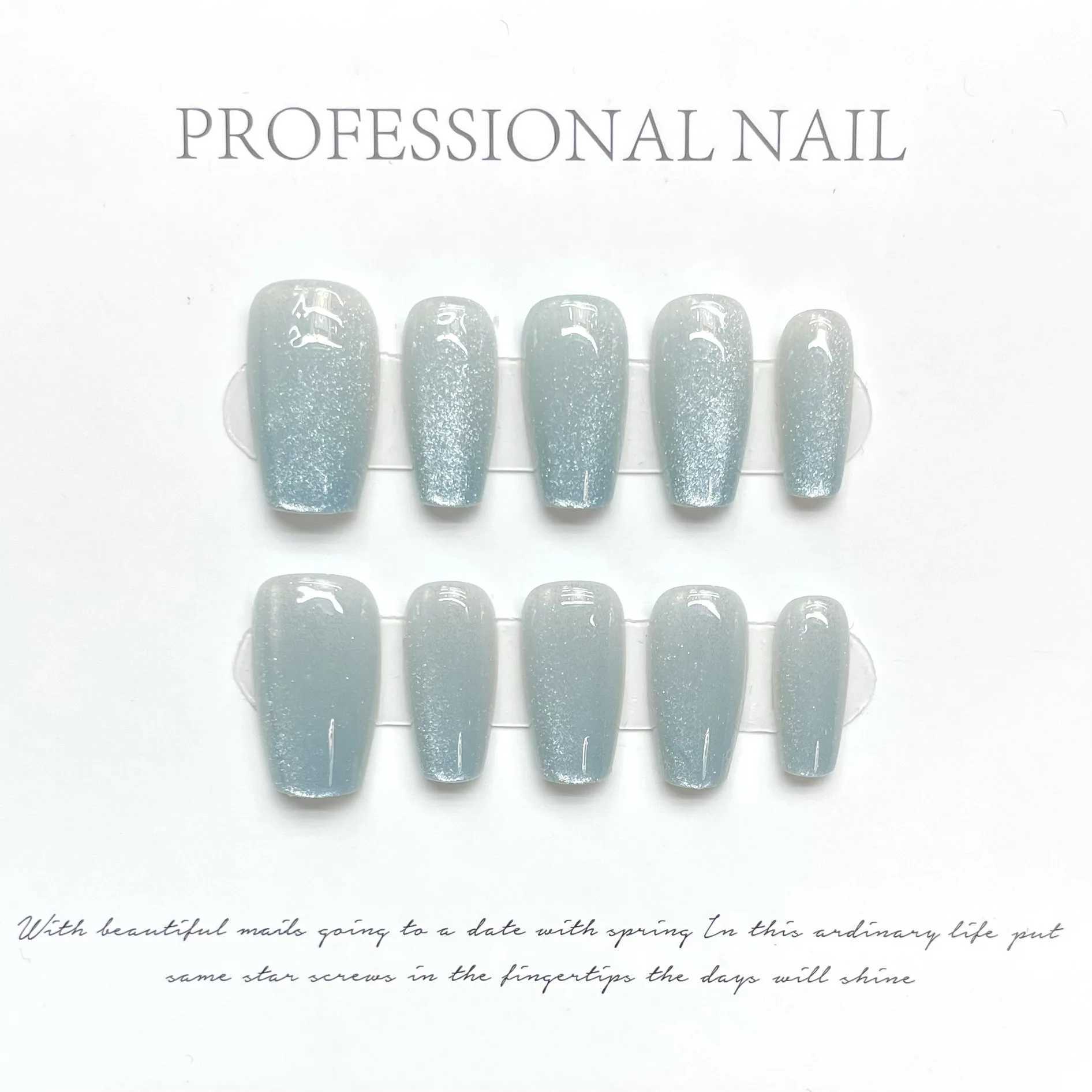 10pcs Aurora Coffin Handmade Press on Nails Pink Cat Eye Diamond Glitter French Full Cover Ballet False Nails Wearable Nails TipXJ241025